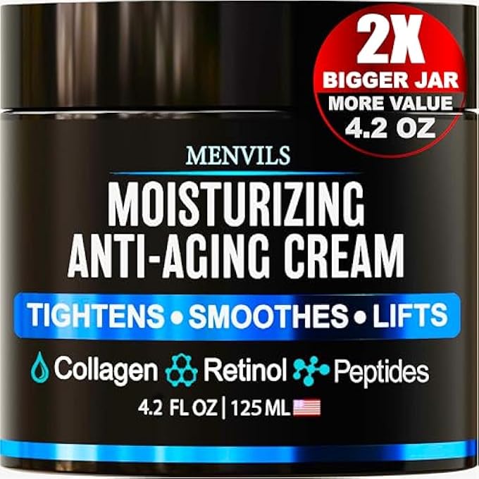 Menvils MENS FACE MOISTURIZER CREAM - ANTI AGING & WRINKLE CREAM - FACE MOISTURIZER FOR MEN WITH COLLAGEN, RETINOL, PEPTIDES, JOJOBA OIL - FACIAL SKIN CARE LOTION - DAY & NIGHT - 4.2 OZ - Image 1